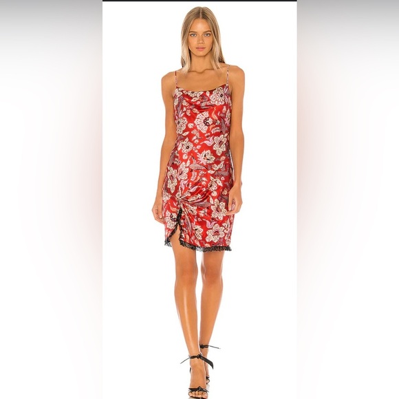 Cinq A Sept Avalyn Beaded Fringe Floral Print Charmeuse Minidress in Red Multi - Picture 1 of 5